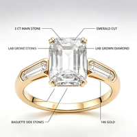 Bague en or 14 carats certifiée IGI pour femme, diamant de laboratoire CVD taille émeraude 3 carats, bijoux fins en gros
