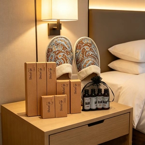 Ensemble <span class=keywords><strong>d</strong></span>'articles de luxe haut de gamme pour hôtels, directement de l'usine, série <span class=keywords><strong>d</strong></span>'accessoires de chambre à haute densité avec logo, pantoufles pour resorts <span class=keywords><strong>d</strong></span>'élite - Product Image 2