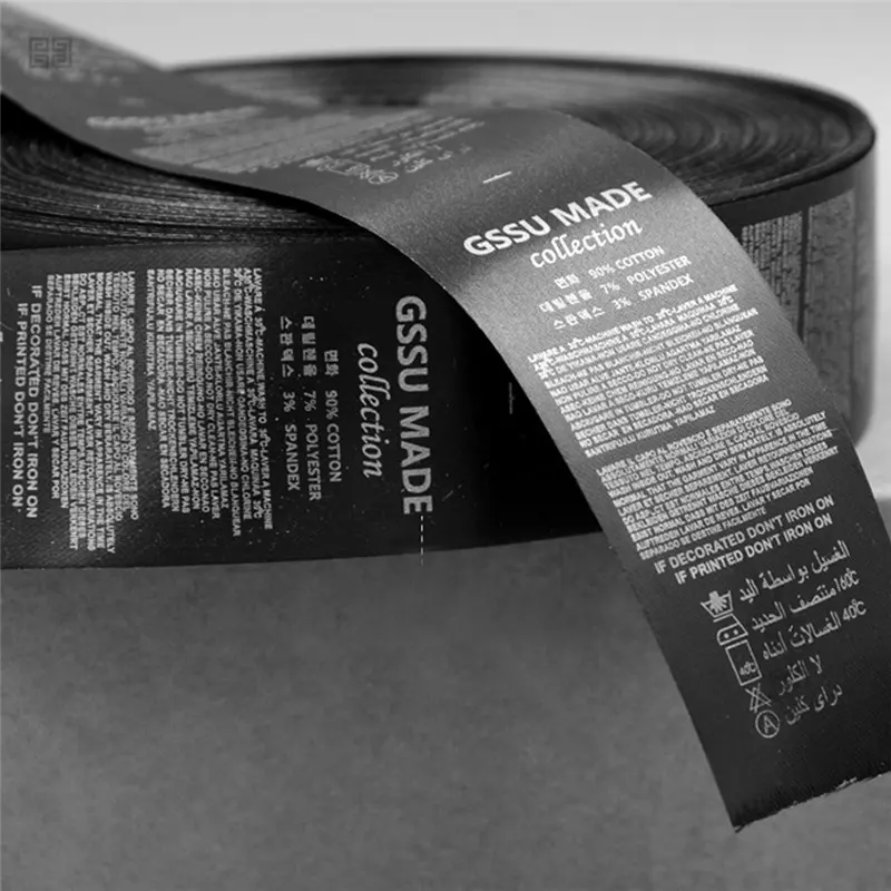 Etiquetas de roupas de luxo, etiqueta de fita de seda preta impressa personalizada para lavar roupas