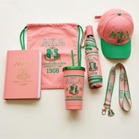 Ensemble cadeau personnalisé en gros : gobelet, parapluie, carnet et lanière avec lettres grecques en perles roses et vertes pour la fraternité