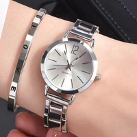 Jam Tangan Wanita Tali Baja Temperamen Fashion, Jam Tangan Quartz Wanita Trendi Sederhana Set Gelang