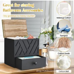 Wooden Bathroom <b>Storage</b> <b>Box</b> With <b>Drawer</b> For Sanitary Napkins Toilet Paper Organizer Rectangle Covered Compartments Standing Type - Product Image 3