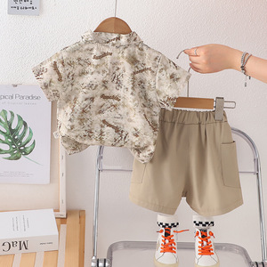 2025 mùa hè mới giản dị bé trai thể thao mặc thương mại nước ngoài trẻ em quần áo ngắn tay in đầy đủ quần short lá hai mảnh - Product Image 4