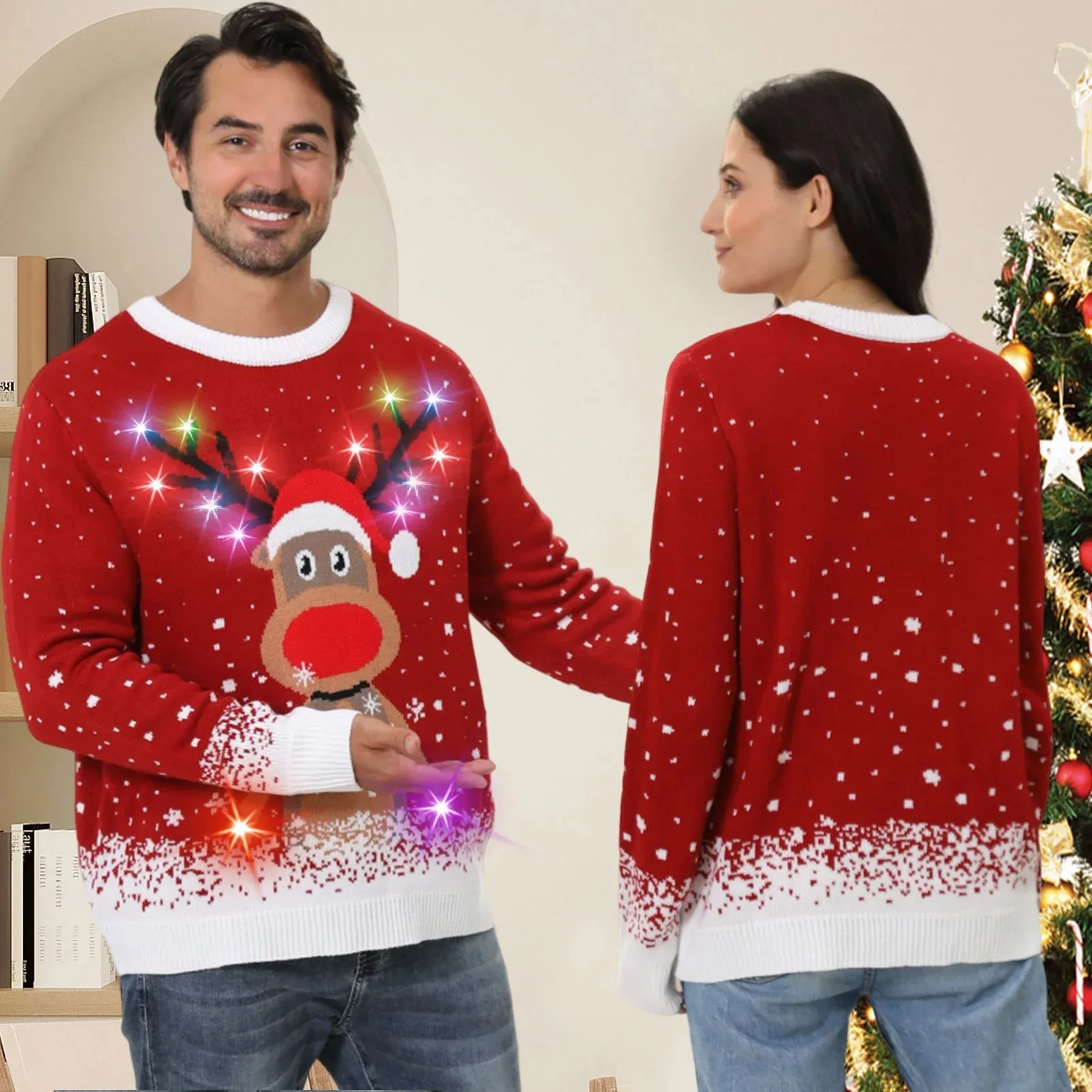 Suéter de Navidad Led feo de Año Nuevo de punto de algodón personalizado de fábrica 2024, jersey de Navidad de ciervo divertido con luces Led