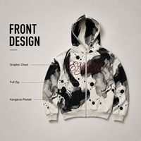 Sweat à capuche zippé en molleton français personnalisé, imprimé graphique éclaboussures d'encre noire sur toute la surface, logo brodé, streetwear, sweats à capuche et sweat-shirts pour hommes