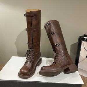 Bottes d'automne pour femmes, style rétro, épaisses, augmentant la taille, mode, polyvalentes, à lacets, bout rond, non au-dessus du genou, bottes décontractées - Product Image 6