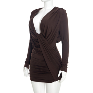 Robe moulante plissée à manches longues et col en V profond, couleur unie, décontractée, nouvelle collection automne-hiver pour femmes Viviblook C26DS333 - Product Image 2