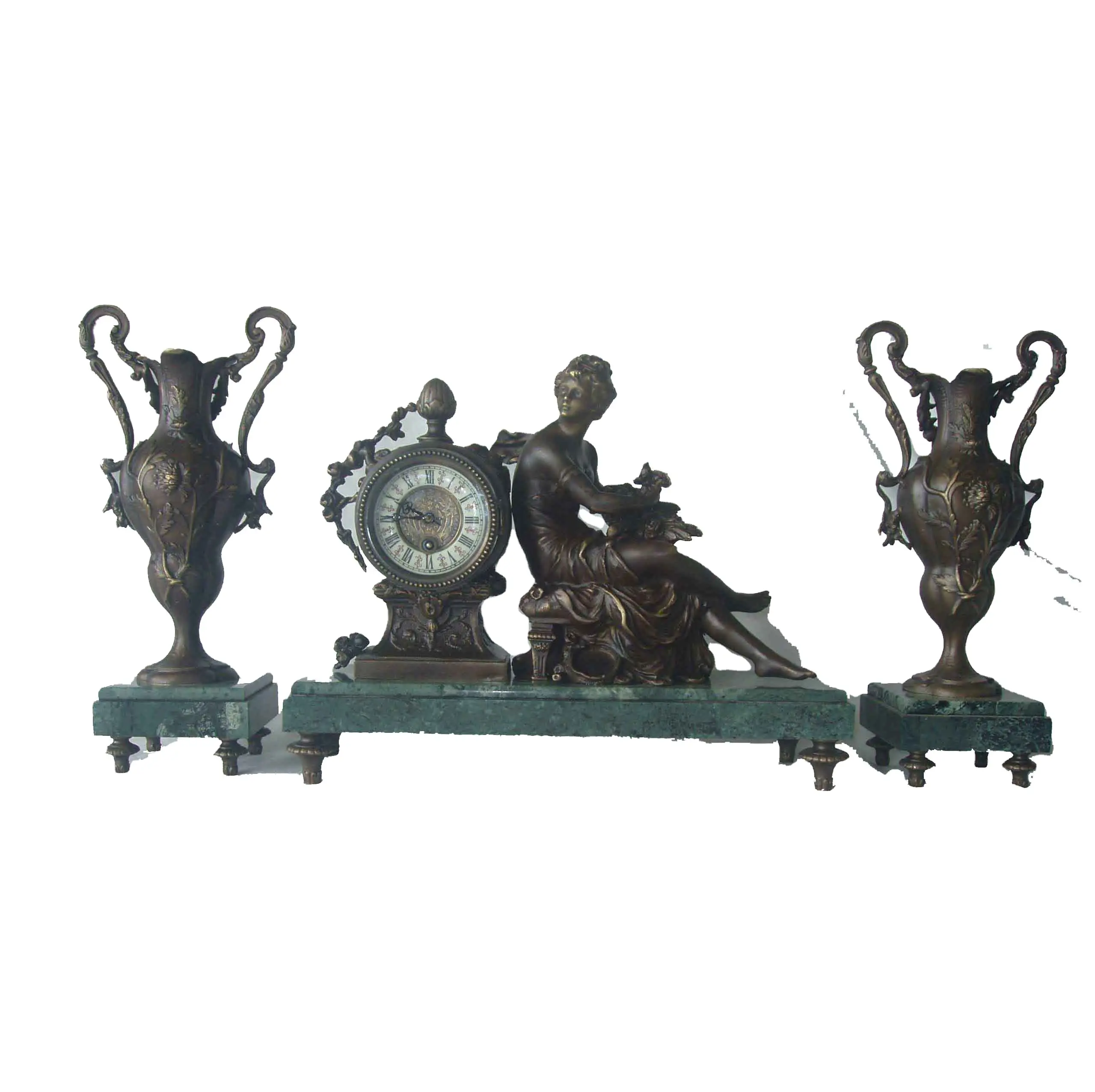 Franse Stijl Antieke 3 Stuks Marmeren Mantel Klok Set, Gegoten Messing Meisje Sculptuur Klok & Urnen Groen Marmer Basisklok