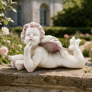 Statuetta di Cherubino in Resina Bianca Anticata, Sdraiato con Libro, Piccola Statua Decorativa di Angelo per Casa, Ufficio, Libreria, Giardino - Product Image 1