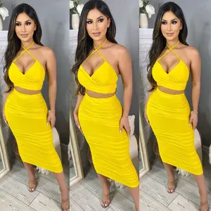 KBL175822 Summer Sexy Elegant Ruched Halter Crop Top Skirt 2 Pieces Set Backless Women Casual Dresses