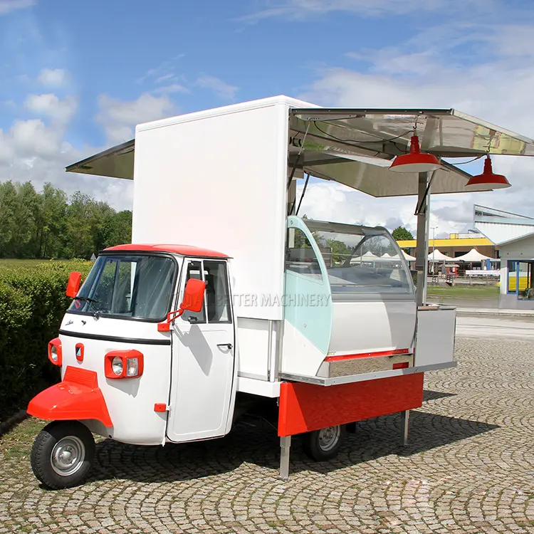 Unieke Ontwerp Fast Food Kiosk Outdoor Mobiele Ijs Winkelwagen Driewieler Elektrische Tuk Tuk Bbq Koffie Voedsel Truck Bike