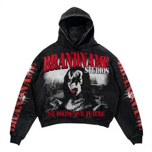 BRANDNAME STUDIOS ชุดวอร์มมีฮู้ดแบบ unisex ทรงปกติ กางเกงขายาวมีเชือกผูก เอวสม็อค สตรีทแวร์ สีดำพิมพ์ลายสีแดง สำหรับฤดูหนาว ผ้าฝ้าย 100% - Product Image 2