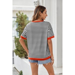 FOXA Womens Striped T Shirt Short Sleeve Crewneck Loose Fit Summer <b>Top</b> 100% Cotton Knitted Casual Wear - Product Image 6