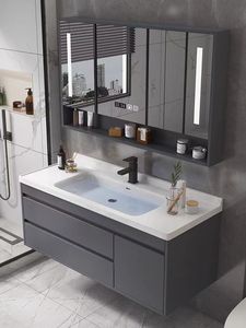 Modern Wall-Mounted Bathroom <b>Vanity</b> With <b>Led</b> Arc <b>Mirror</b> Ceramic Basin Dark Finish 60 In Contemporary Design - Product Image 6