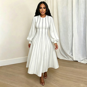 European and American fashion women's long sleeved printed dress with <b>lantern</b> sleeves and waist cinching <b>large</b> swing skirt - Product Image 4