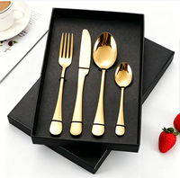 Vente en gros d'usine, ensemble de couverts en acier inoxydable plaqué titane doré, 4 pièces, boîte cadeau de luxe pour mariage, hôtel, restaurant, argenterie