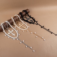 Lot de 3 Colliers Punk Style Sombre, Pendentif Croix de Luxe, Chaîne de Pull, Longues Pampilles, Perles, Ras-de-cou, Bijoux Unisexe, Joyeria Cristiana
