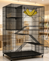 Cage à chat noire simple à étages, à monter soi-même, avec roulettes, étagère de rangement intégrée, hamac suspendu et lit en peluche, pour usage quotidien en intérieur et pour plusieurs chats