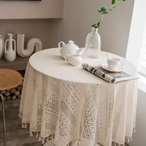 Rustic Simple Crochet Cover Towel Dining Table Cloth Woven Round Tableclothh Tassel Tablecloth