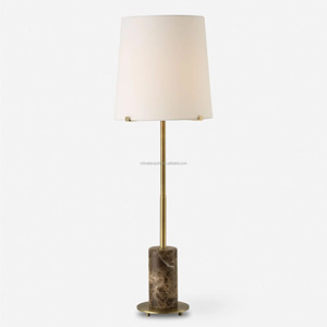Dark Brown Marble & Brass Stem Modern Minimalist Table Lamp | Sleek Contemporary Lighting for Hotel Bedroom & Office - Product Image 1