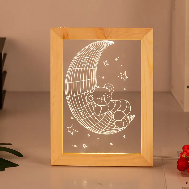 Top Seller 3D Visual LED Lamp Natural wood Photo Frame Base 3D Illusion Night Light For Acrylic Board