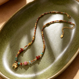 Women's Bohemia Style Beaded Necklace With Natural Stone And Gold Plated <b>Elephant</b> Pendant Animal Shape Fashion Jewelry - Product Image 5