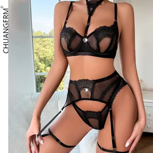 Chuangerm Spot vente en gros mode 2024 Lingerie transparent brodé maille licou cou Sexy porte-jarretelles Sexy Dessous