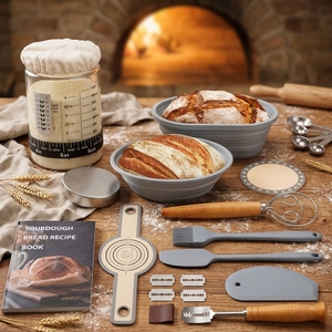Kit de boulangerie au levain : <span class=keywords><strong>Tapis</strong></span> de fermentation pliable en <span class=keywords><strong>silicone</strong></span>, pot de fermentation non toxique, compatible lave-vaisselle et four, avec accessoires en bois - Product Image 1