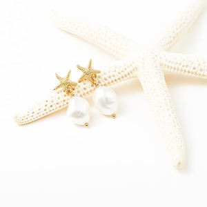 Moda perla brillante chapado en oro lindo diseño de estrella de mar pendientes mujeres 925 gota colgante perla pendiente joyería regalo - Product Image 4