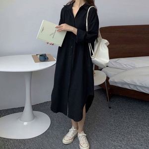 Robe chemise décontractée pour femme en coton et lin, unie, respirante, style vintage, coupe ample, col montant, tricotée, à simple boutonnage, manches longues - Product Image 6
