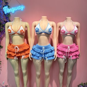 Top estivo lavorato a maglia con bordo arricciato e pantaloncini a vita alta, <span class=keywords><strong>costume</strong></span> da bagno da spiaggia per donna - Product Image 1