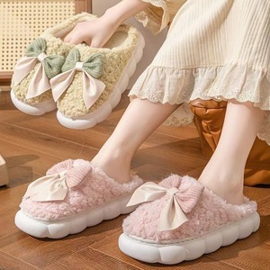 Chao Warm Plush <b>Slippers</b> With Bow Thick Soled Anti Slip Winter Home Indoor Use For Women And Men - Product Image 2
