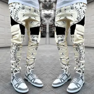 Custom Zomer Mannen Paisley Print Cargo Flared Tooling Broek Skinny Fit Elastische Broek Hip Hop Streetwear Gestapeld Broek Voor Mannen