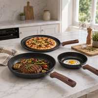 Ensemble de 3 ustensiles de cuisson en fer avec poêles antiadhésives en granit et plaque à pizza, poignée en bakélite, distribution de chaleur, compatible gaz et induction