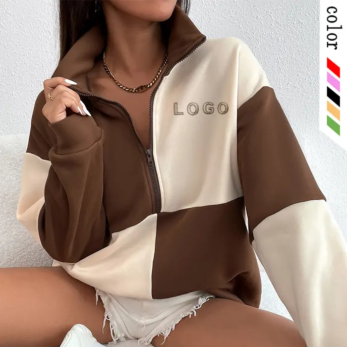 Custom Logo Cotton Pullover Hoodies Colorblock Half Zip Drop Shoulder Women Sweatshirt