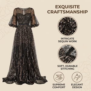 Elegante Vestido de Noche Negro con Lentejuelas, Encaje y Mangas Abullonadas Transparentes, Vestido Largo para Banquete, Fiesta, Boutique, Ocasión Formal - Product Image 5