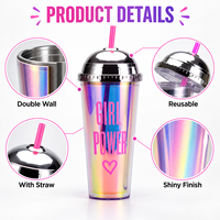 Gobelet en plastique à paillettes avec logo personnalisé et paille, double paroi, pour fête arc-en-ciel, cadeau, réutilisable, promotionnel