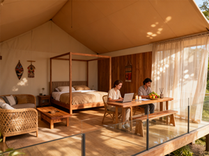 Tenda Glamping Mewah Semi-Permanen Dua Lapis 2-Kamar Rangka Baja PVC Tahan Air 4-Musim Tahan Api Perlindungan UV Dapat Disesuaikan - Product Image 5