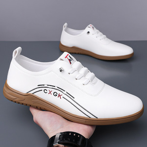 White Men's Lace-Up Casual Shoes Round Toe <b>Rubber</b> Outsole Anti-Slip Driving Autumn Fashion Solid Pattern <b>Strip</b> Decoration - Product Image 2