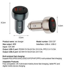 Cargador de coche eléctrico con adaptador de carga rápida tipo C para dispositivos móviles digitales, cargador USB para teléfono celular. - Product Image 5