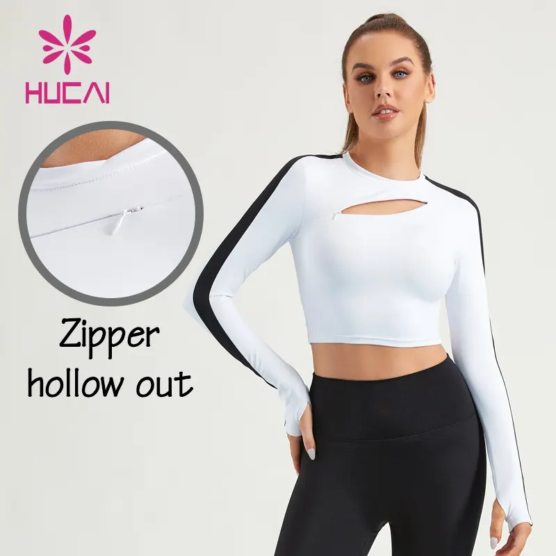 Hucai Custom Spandex Slim Fit Sexy Voorkant Rits Uitgehold Lange Mouw Sport Tee Yoga Crop Top Gym T Shirt Voor Vrouwen