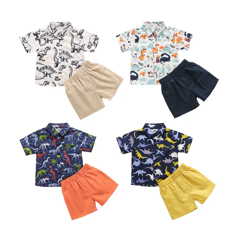 kids set clothes boys shirt cartoon print pattern solid color shorts kids clothing