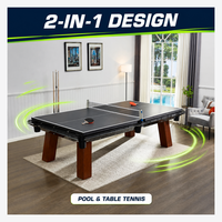 Table de billard convertible 2-en-1 avec plateau de tennis de table, rails en verre trempé, poches en cuir, pieds en bois massif, table de billard de luxe pour la maison et la villa