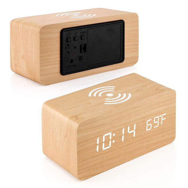 Modern Multifunction Desk Table Square LED Digital Sound Control Clock Wooden Alarm Clock Wireless Charging for Iphone Samsung