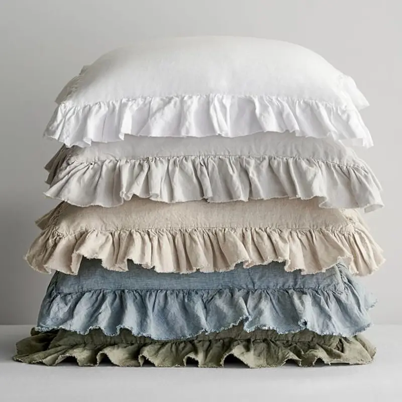 Kustom Alam Perancis Linen Padat Ruffle Frill Sarung Bantal Penutup Linen Sarung Bantal Sarung Bantal untuk Dekorasi Sofa Rumah