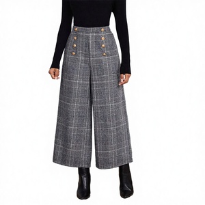 Elegant Women's High-Waist Wide Leg Plaid <b>Wool</b> <b>Pants</b> With Gold Buttons Ankle-Length Loose Fit Autumn Style - Product Image 2