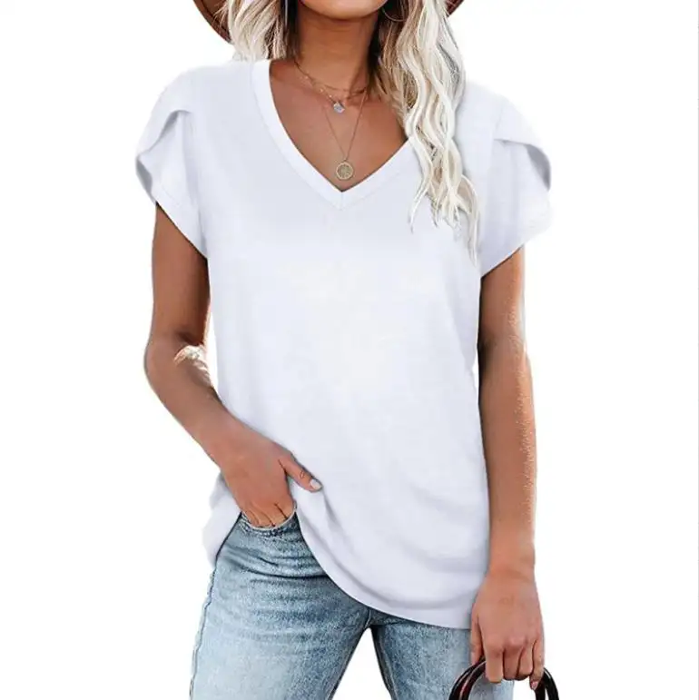 Women's Short Sleeve V-Neck Shirts Summer Sexy Casual Loose Casual Tee T-Shirt 2022