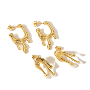 ต่างหูทองคำ 18K รูปหยดน้ำลาวา ประดับมุกแบบฝังขอบ สำหรับผู้หญิง สวมใส่ได้ทุกวัน ดีไซน์เรขาคณิตแบบไม่สมมาตร - Product Image 5