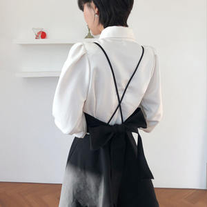 नई वसंत पोशाक महिलाओं एकल छाती लालटेन बांह की कमीज सेट + अंगिया धनुष Pleated ठोस कपड़े - Product Image 6