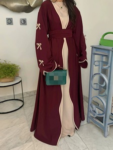 Nuovo autunno a buon mercato medio-orientale alla moda con fiocco in poliestere arabia lunghezza alla caviglia tinta unita Casual morbido e confortevole Abaya con cintura - Product Image 6